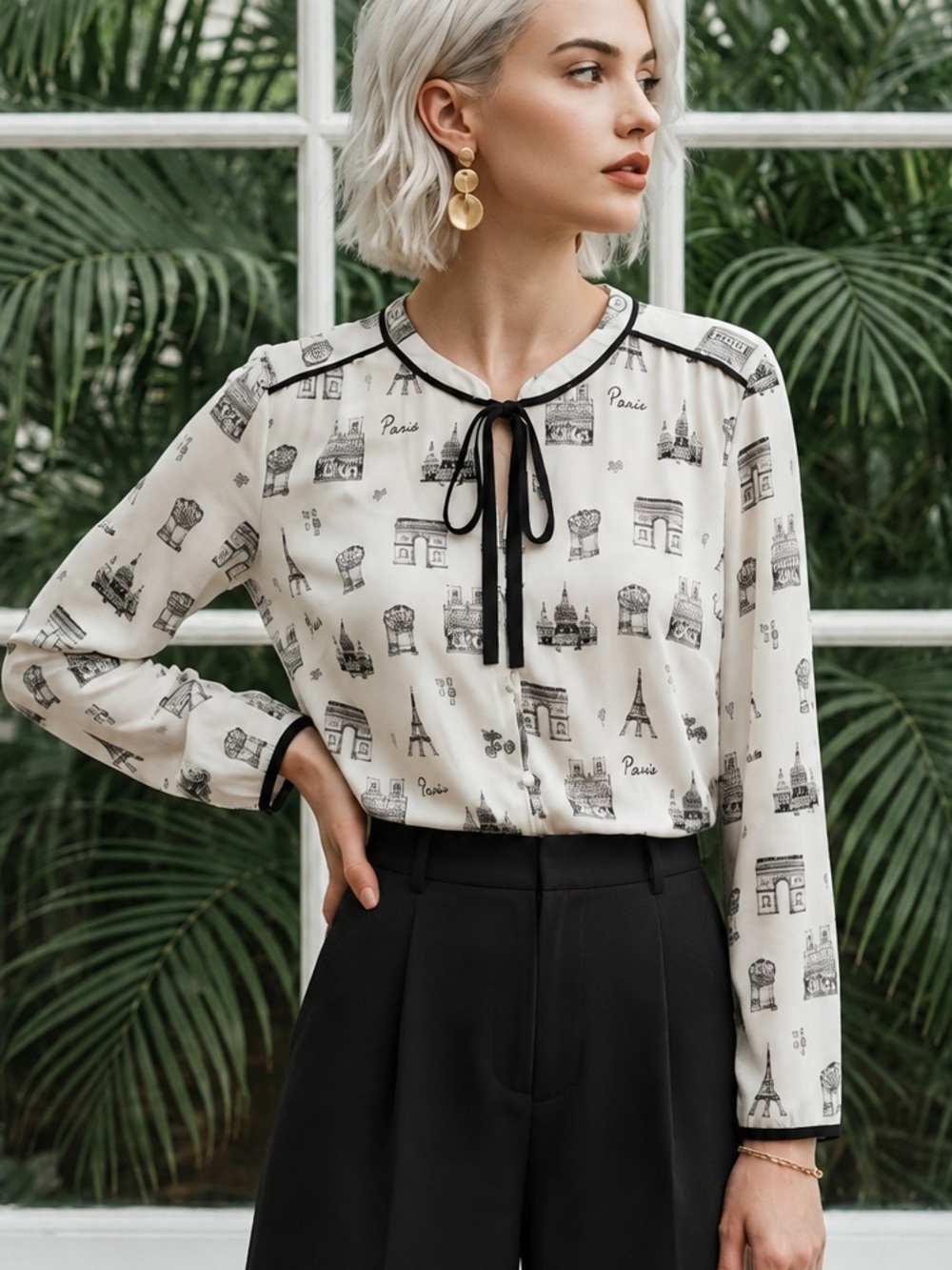 Talbots Women's Paris Print Blouse Off White Black Extra Large Petite